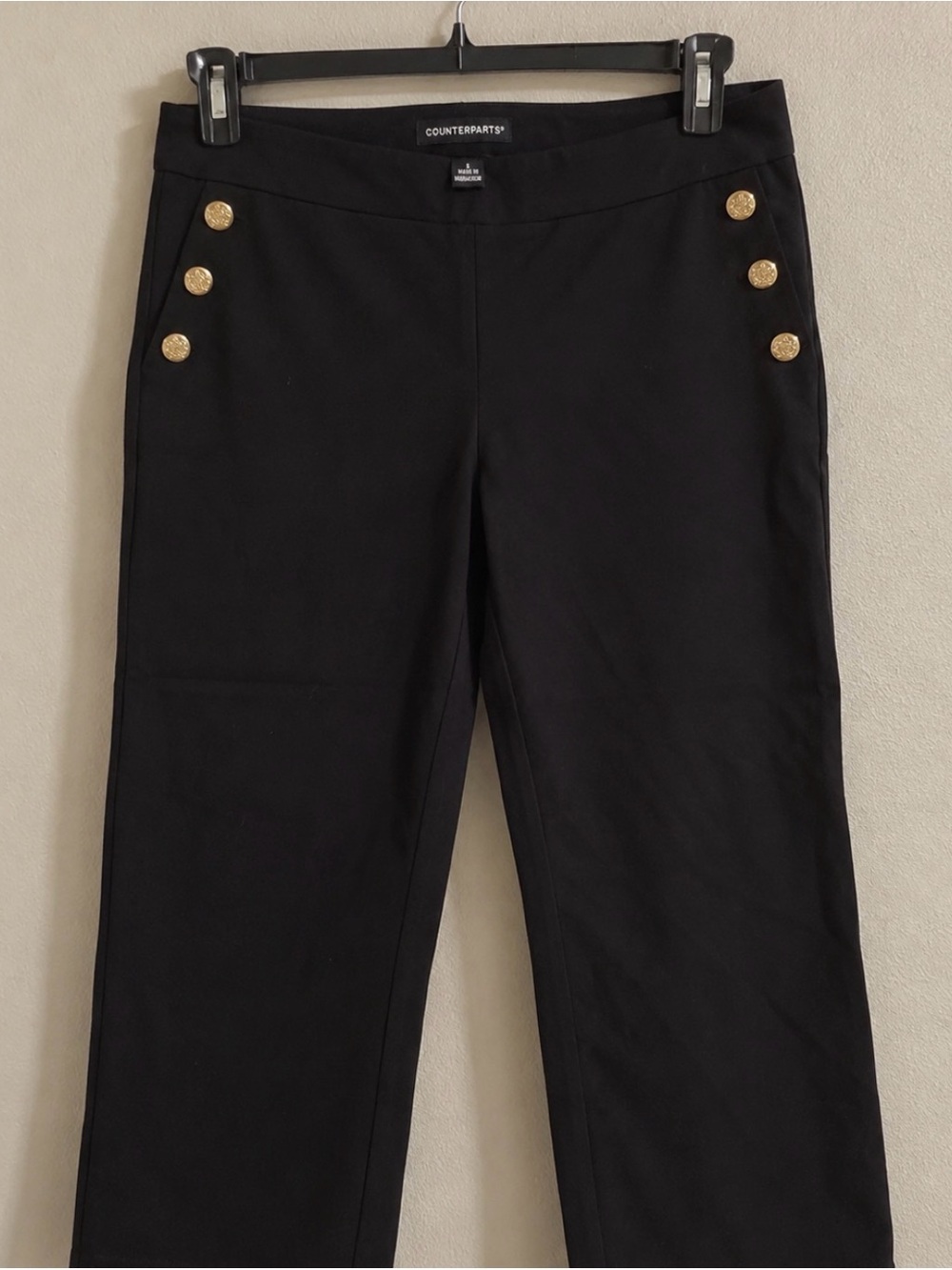 Counterparts Black Straight-Leg Ponte Pants with Gold Buttons
